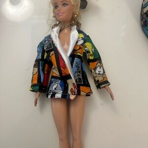 Barbie Multicolor Cartoon Panel Blazer with White Lapel